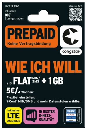 congstar Prepaid wie ich Will SIM-Karte ohne Vertrag Wunschmix in D-Netz-Qualität frei wählen 1-15 GB 9 Ct. pro Min/SMS bis Flat 10 EUR Startguthaben