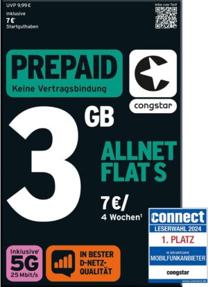 congstar Prepaid Allnet S SIM-Karte ohne Vertrag I Prepaid-Paket in D-Netz Qualität für Einsteiger I 3 GB LTE mit 25 Mbit/s I Telefonie & SMS Flat in alle dt. Netze I EU-Roaming inkl.