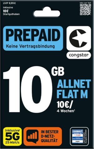 congstar Prepaid ALLNET M SIM-Karte ohne Vertrag I Allrounder Prepaid-Paket in D-Netz-Qualität I 10 GB LTE mit 25 Mbit/s + 10€ Startguthaben I Telefonie & SMS Flat in alle dt. Netze I EU-Roaming inkl.
