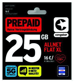 congstar Prepaid Allnet XL mit 5G 25 / 25 GB Datenvolumen im Telekom Netz Allnet Flat innerhalb Deutschlands