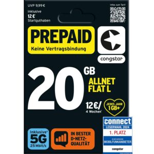 congstar Prepaid ALLNET L SIM-Karte ohne Vertrag 20 GB 5G 25 Mbit/s Telefonie & SMS Flat in alle dt. Netze Prepaid Allnet L mit 5G 25